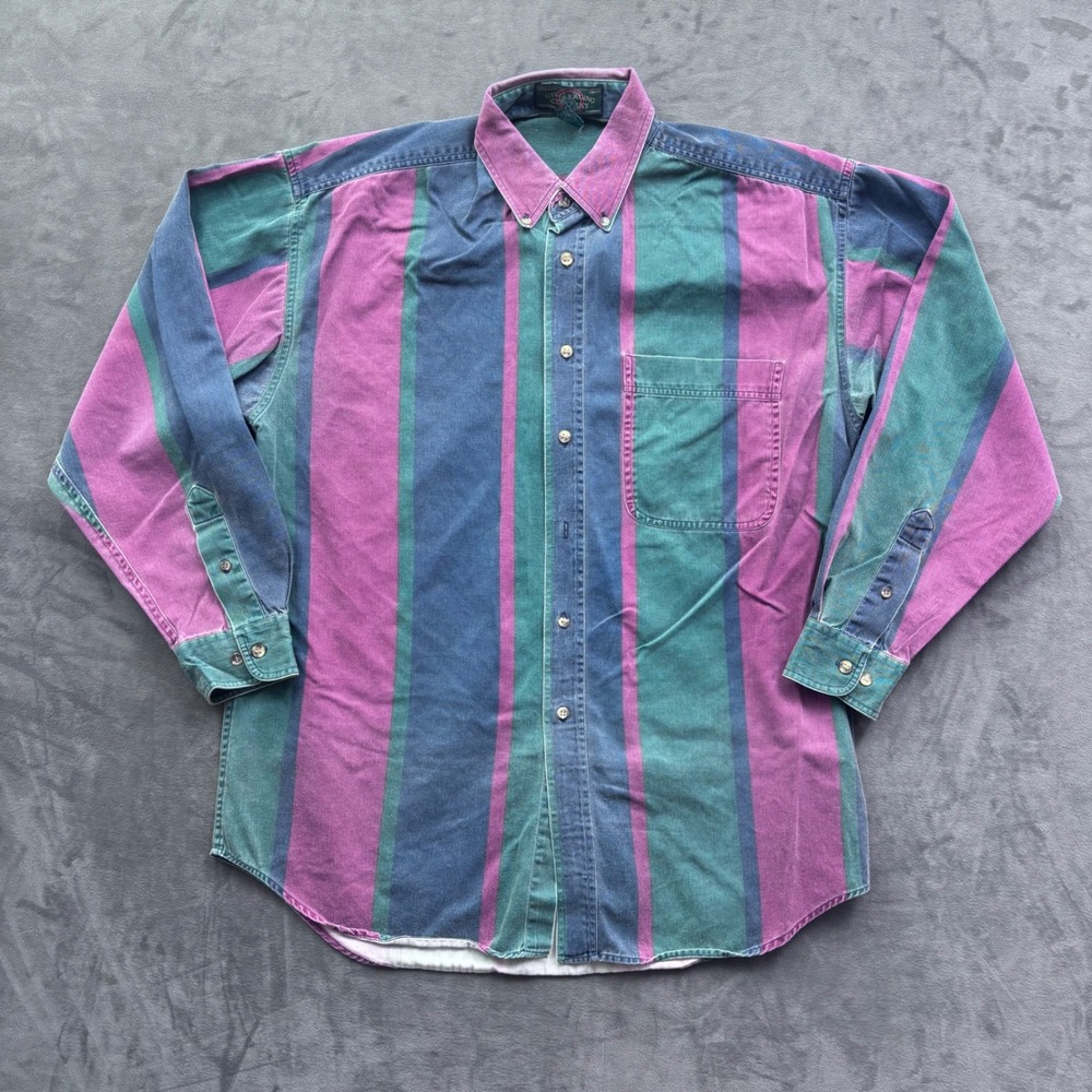 Vintage GFC Trading Company Striped Button Down Shirt Mens Large Green Purple L